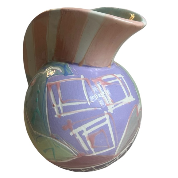 Ceramic Pitcher Vase Post Modern 1980s Colorful Pastel Artisan Signed Pink Blue - Picture 9 of 10